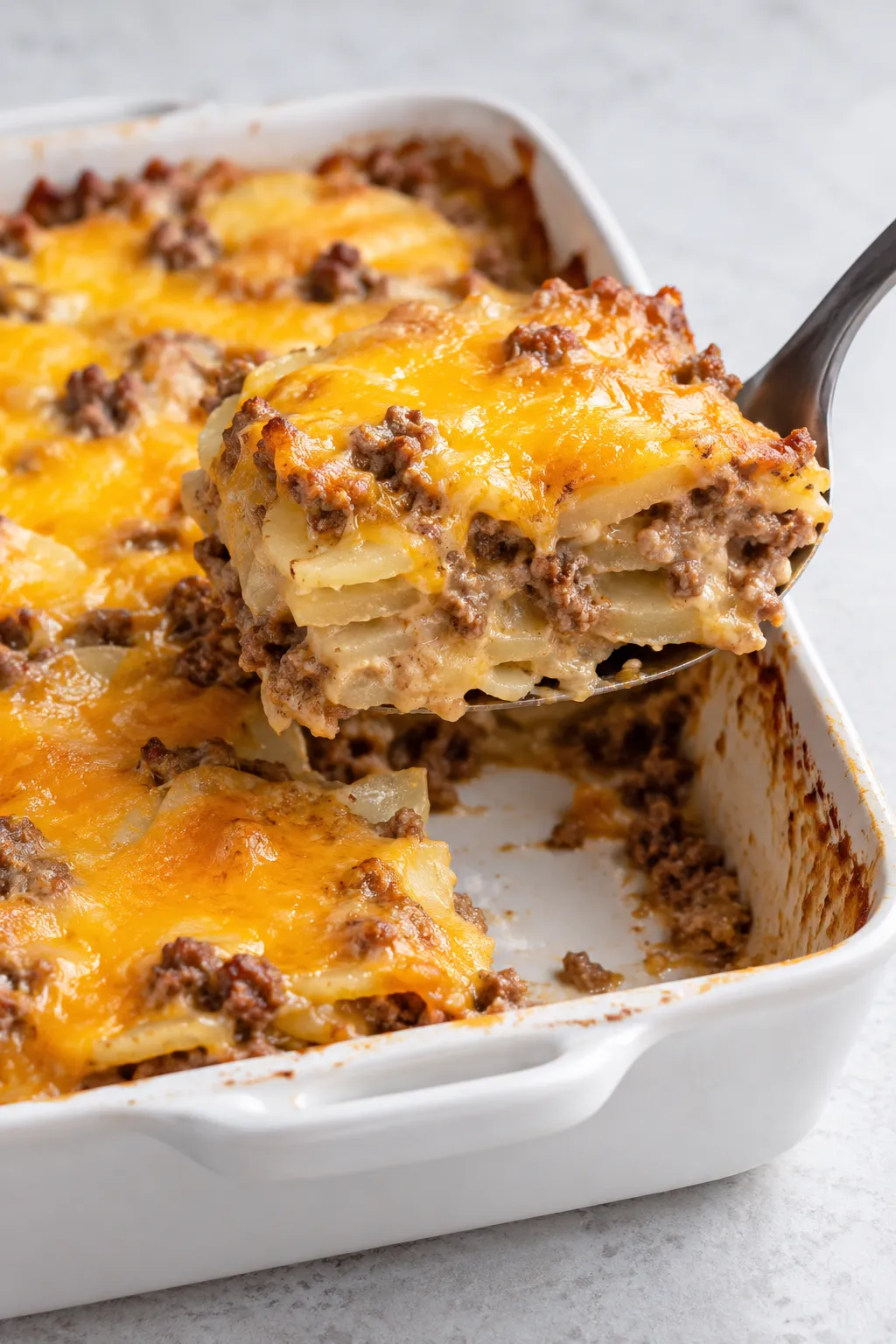 Plated serving of cheesy hamburger potato casserole with layers of potatoes, ground beef, and cheddar