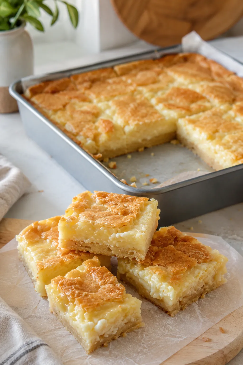 Two Ooey Gooey Bars on a white plate with a baked pan of bars in the background