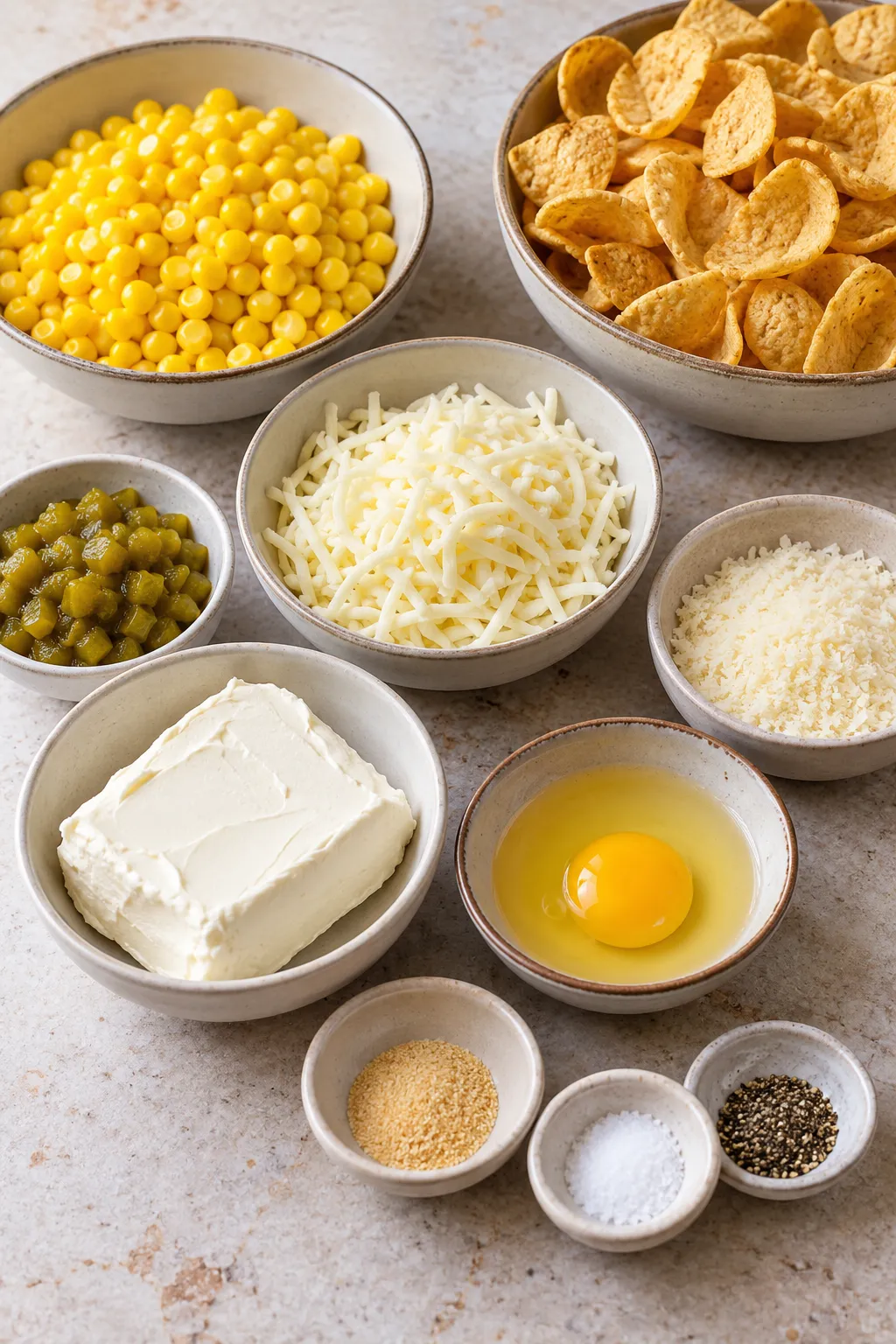 Iowa Party Bites ingredients including corn, tortilla scoops, cream cheese, mozzarella, Parmesan, egg, green chiles, and seasonings