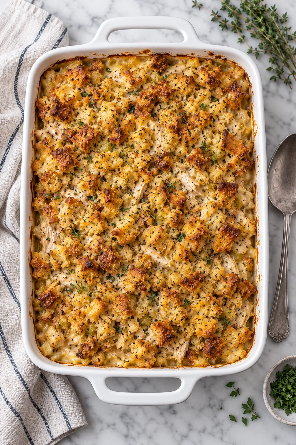Overhead view of rotisserie chicken and stuffing casserole baked until golden