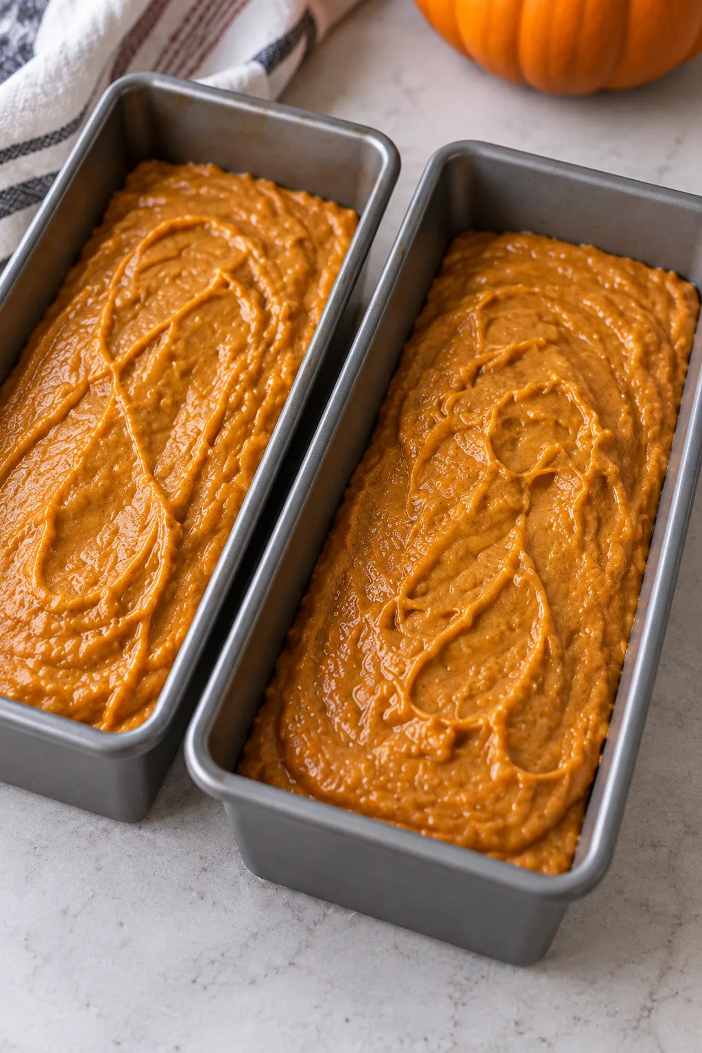 Pumpkin bread batter divided into loaf pans