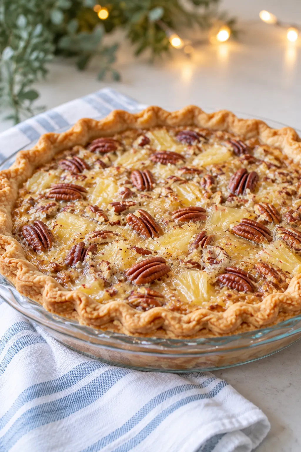 Island Pecan Pie with pecans, pineapple and coconut in a flaky crust