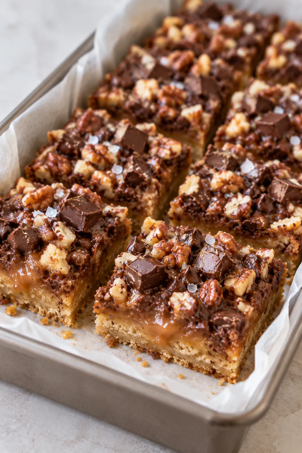 Caramel Chocolate Crunch Bars with gooey caramel, chocolate chunks, pecans, and flaky sea salt