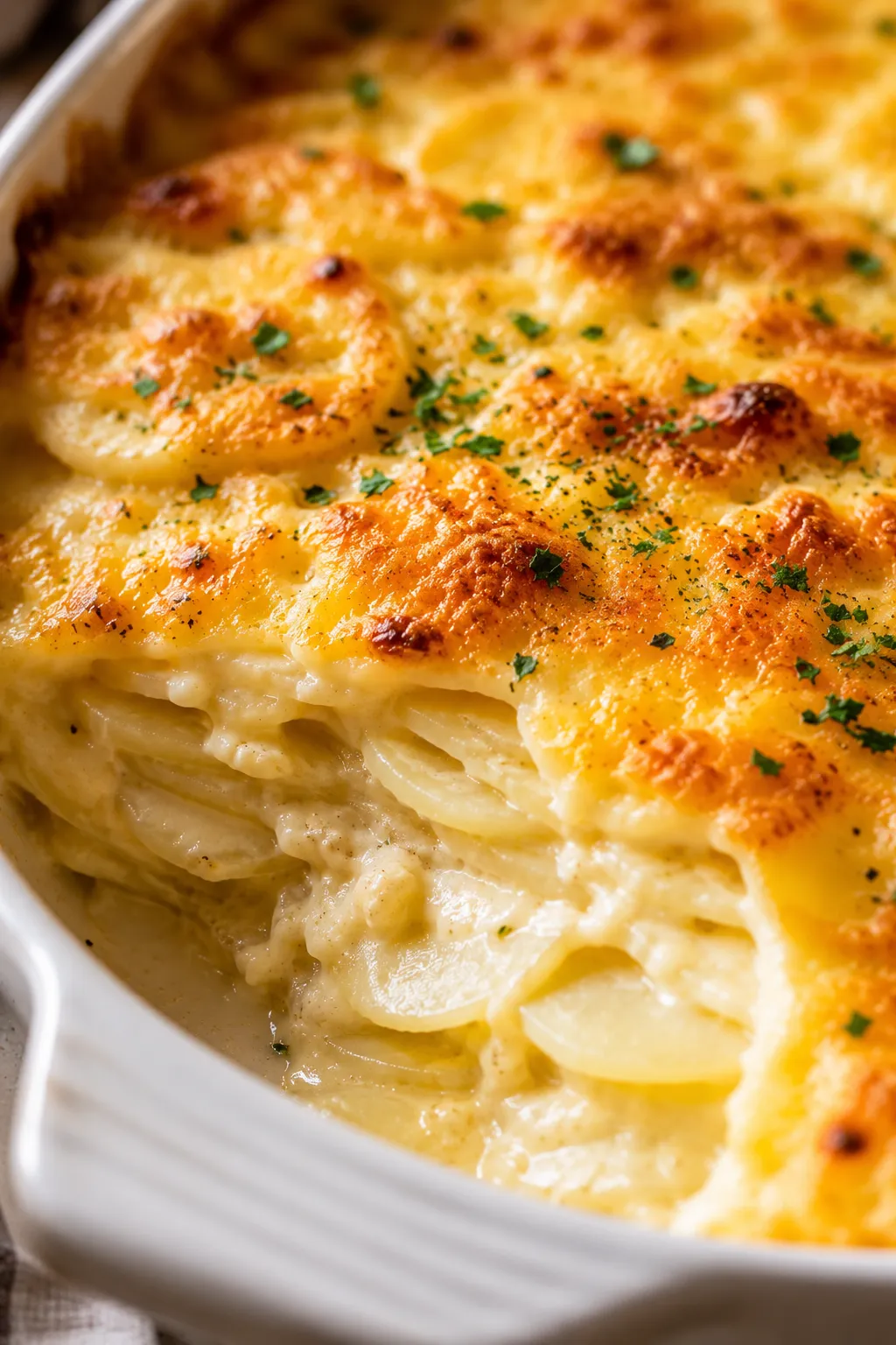 Golden baked scalloped potatoes with creamy cheese sauce in a white casserole dish.