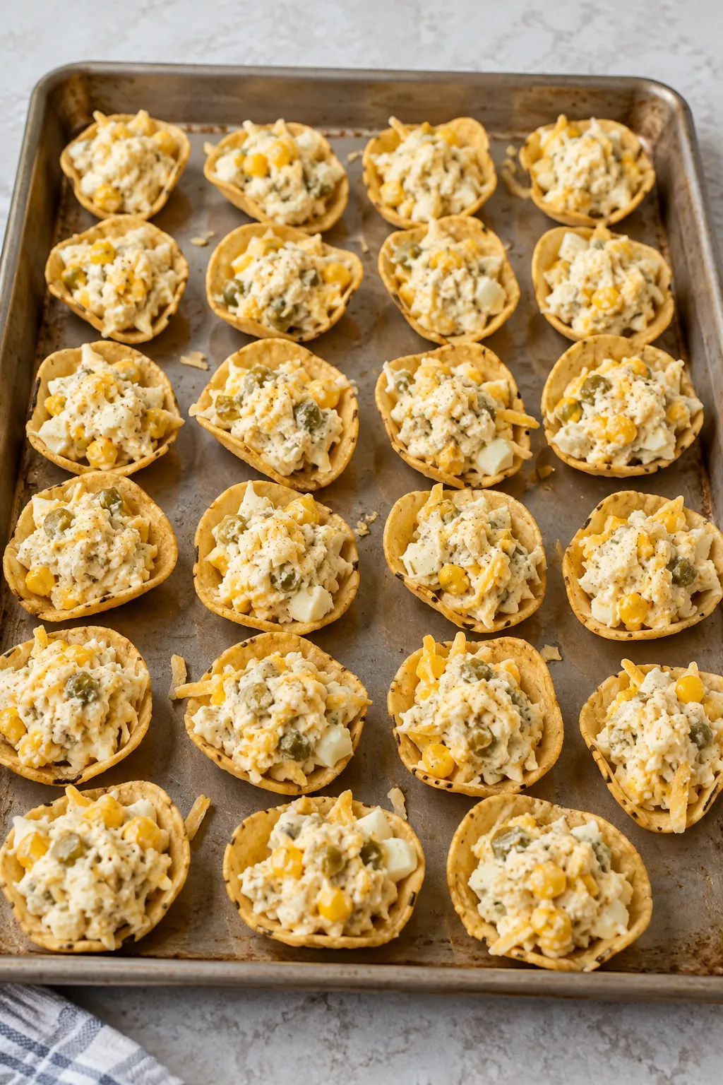Unbaked tortilla scoop cups filled with creamy corn, cheese, and green chile mixture on a baking sheet