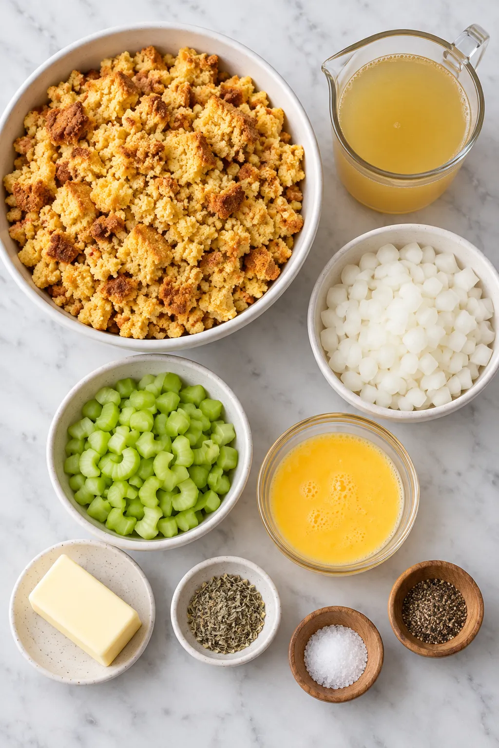 Cornbread dressing ingredients with cornbread, onion, celery, eggs, butter, chicken stock, sage, salt and pepper
