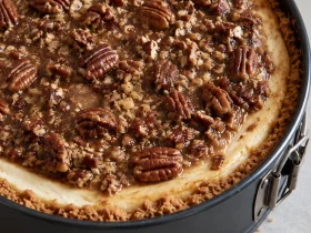 Pecan cheesecake pie with caramel pecan topping in a springform pan