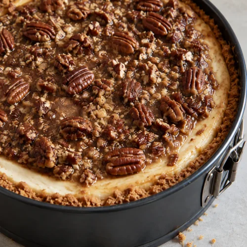 Pecan cheesecake pie with caramel pecan topping in a springform pan
