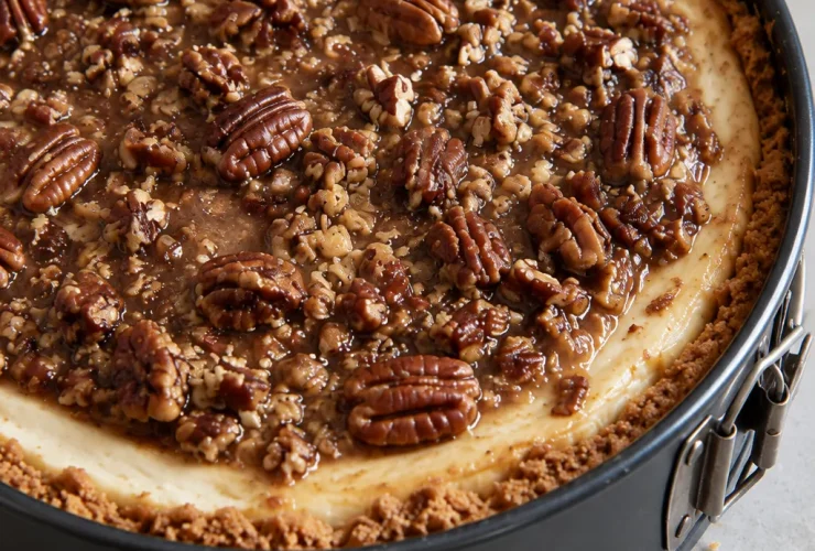 Pecan cheesecake pie with caramel pecan topping in a springform pan