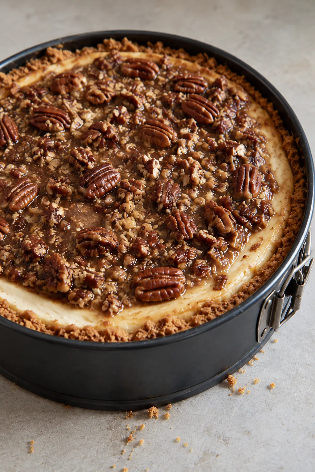 Pecan cheesecake pie with caramel pecan topping in a springform pan