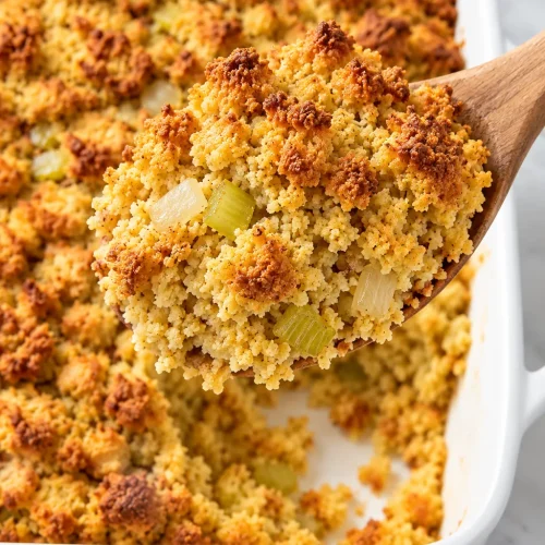 Close-up of moist Southern cornbread dressing with a golden browned crust