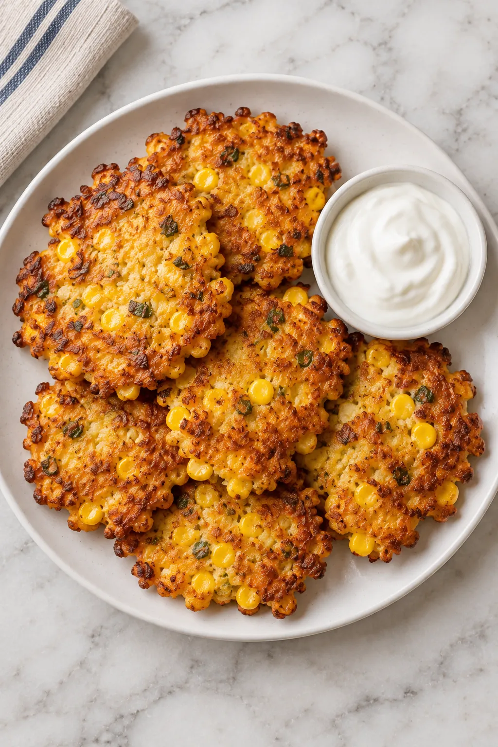 Overhead plate of crispy cheesy corn fritters with sour cream for dipping
