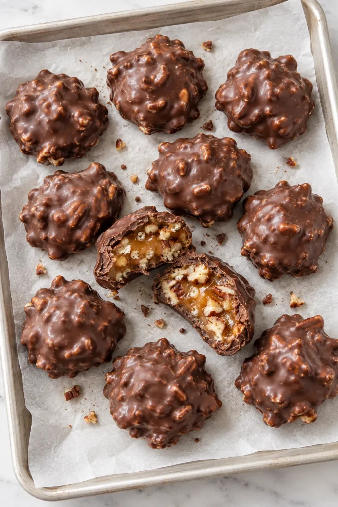 Crunchy chocolate pecan billionaire candy ready for serving