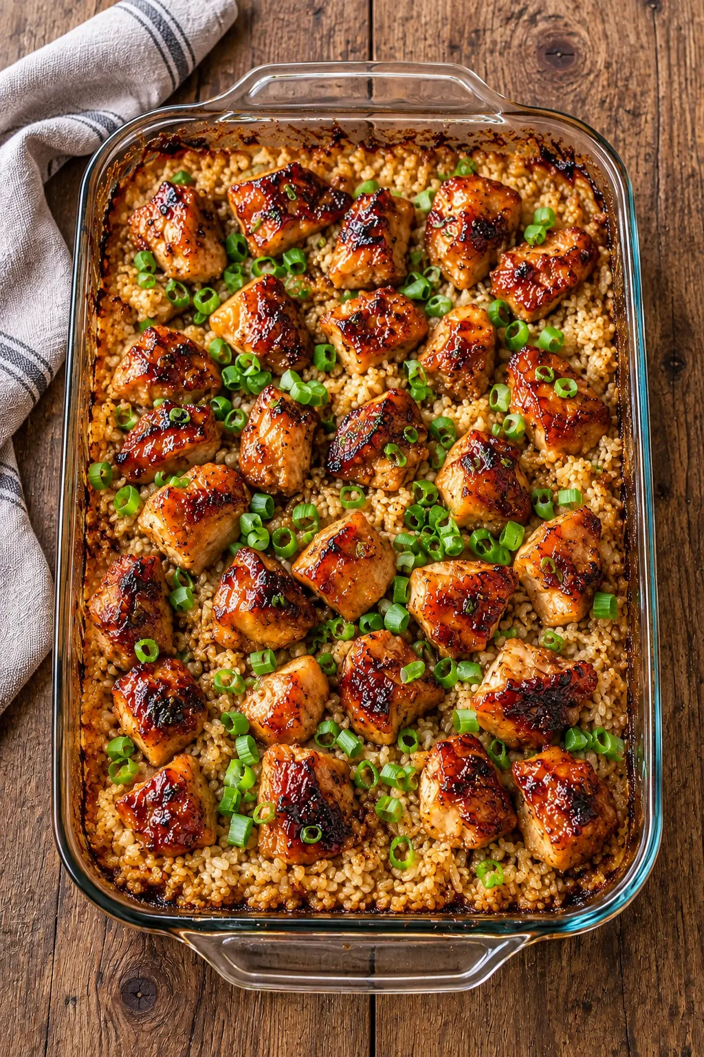 Overhead view of teriyaki chicken casserole with glazed chicken, seasoned rice, and sliced green onions in a glass baking dish
