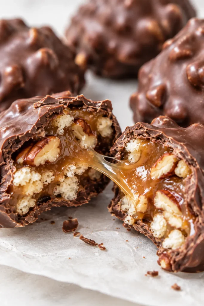 Chocolate pecan caramel candy clusters with crisp rice cereal