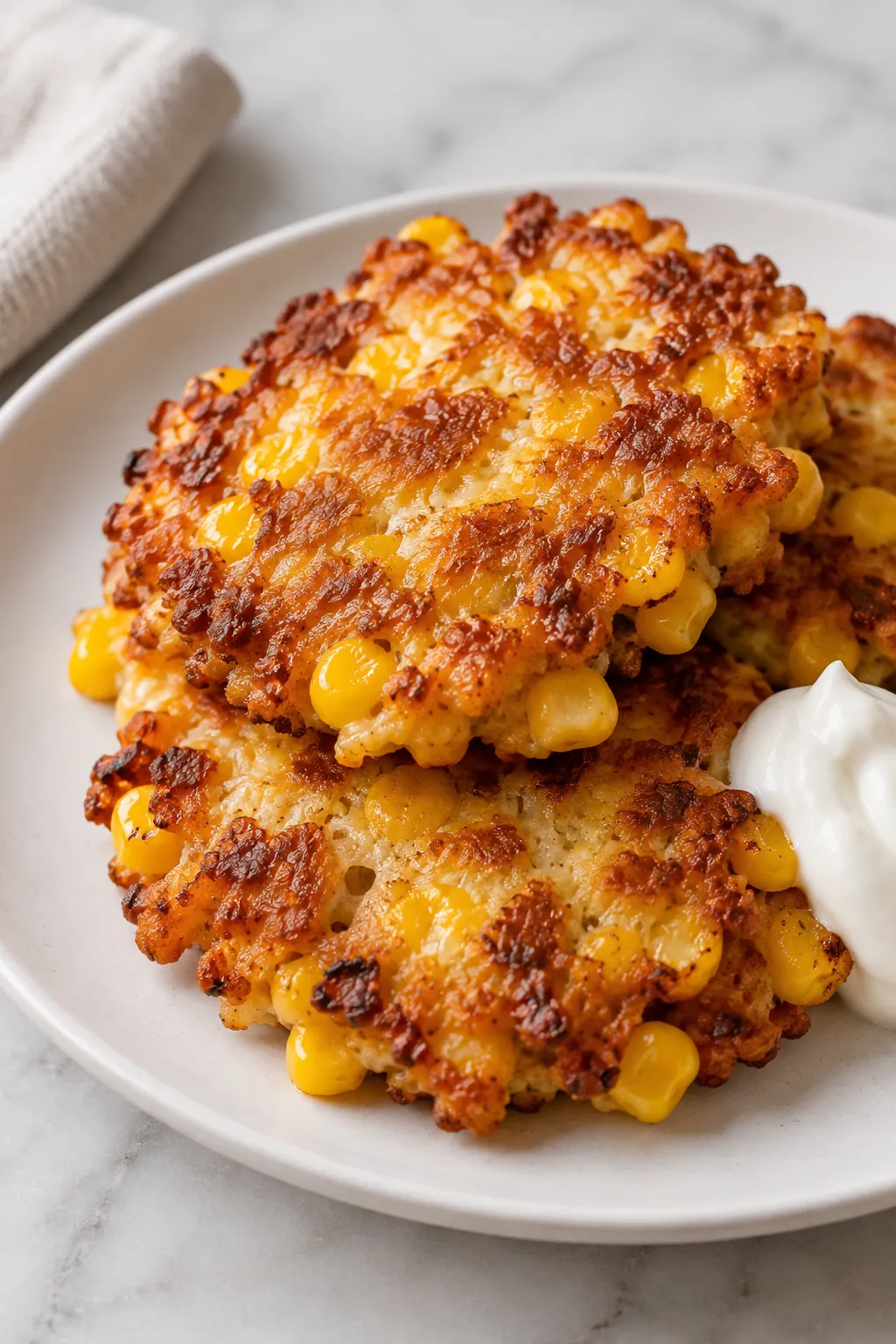 Close-up stack of golden cheesy corn fritters with visible corn kernels and sour cream