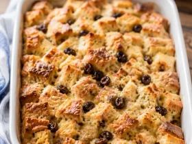 Bread pudding cubes soaked in vanilla custard with raisins