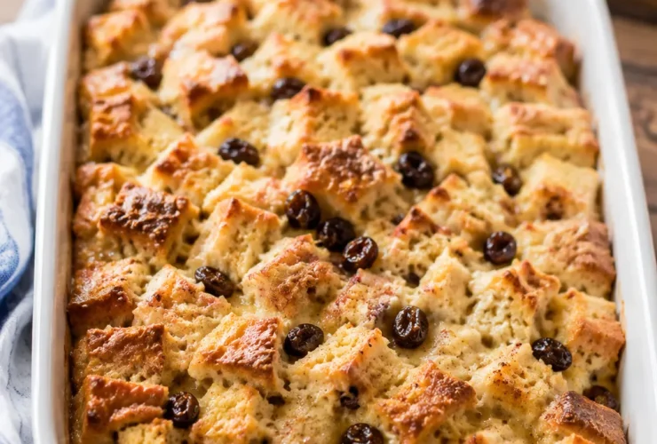 Bread pudding cubes soaked in vanilla custard with raisins