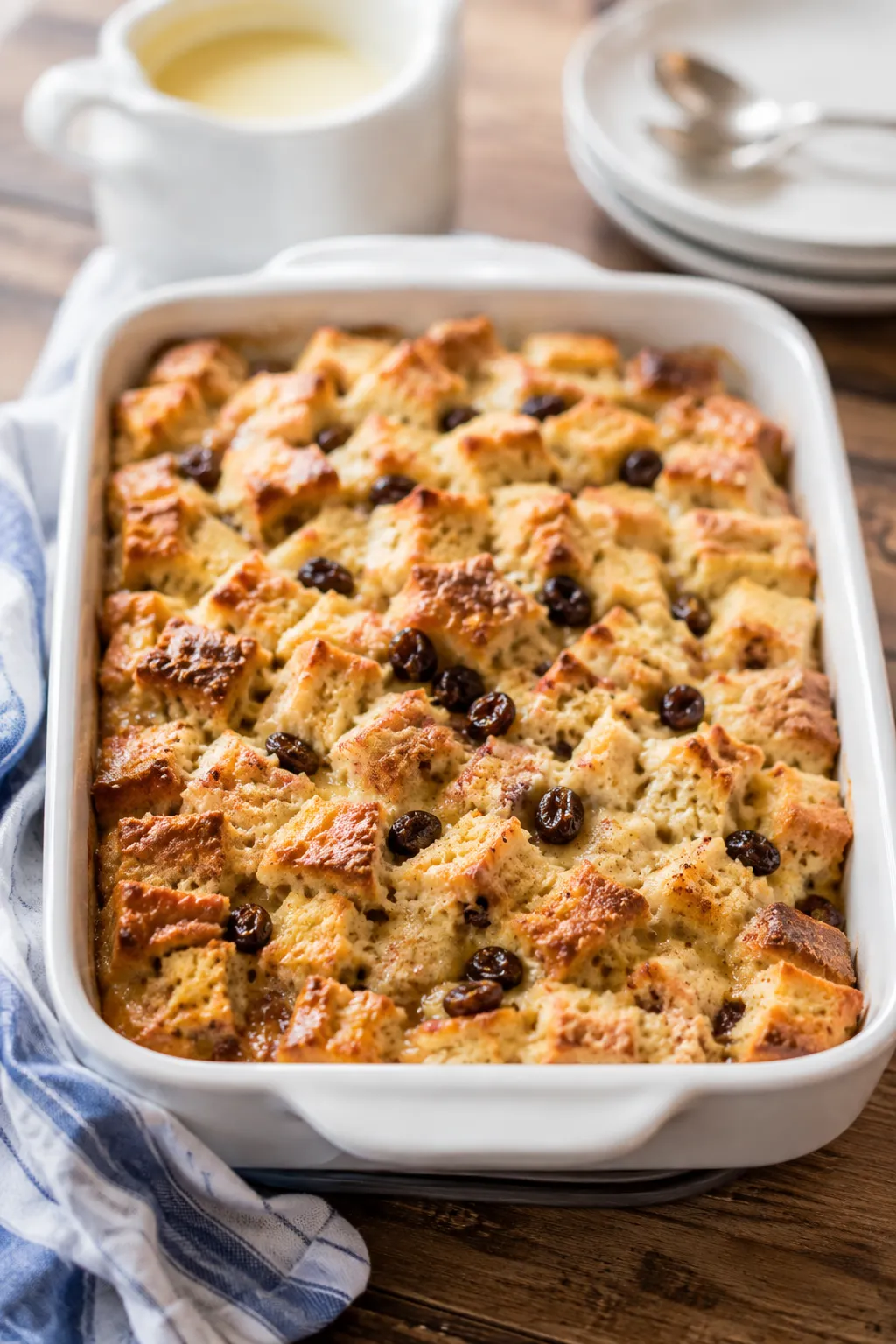 Bread pudding cubes soaked in vanilla custard with raisins