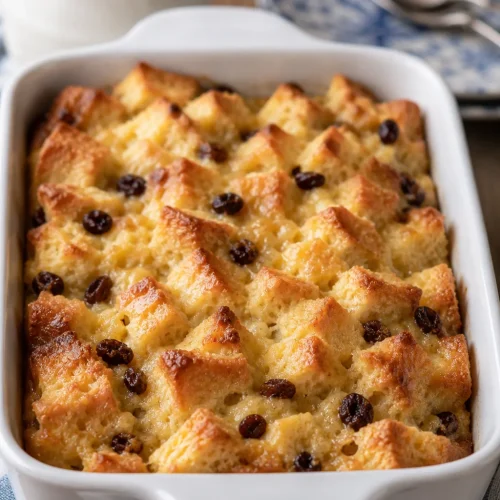 Warm old-fashioned bread pudding topped with homemade vanilla sauce