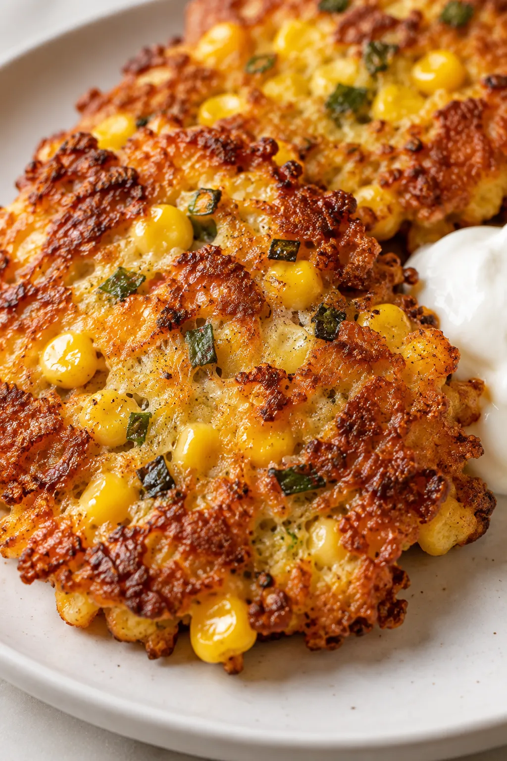Close-up of a crispy cheesy corn fritter with golden edges and visible corn kernels