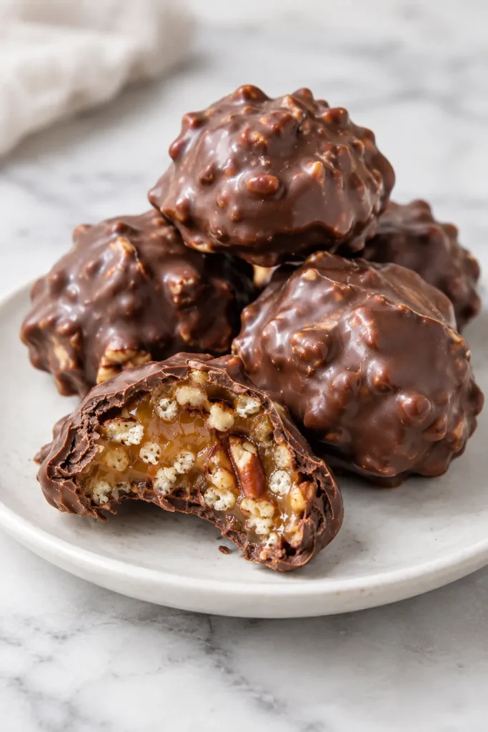 Chocolate pecan billionaire candy with chewy caramel and crunchy pecans