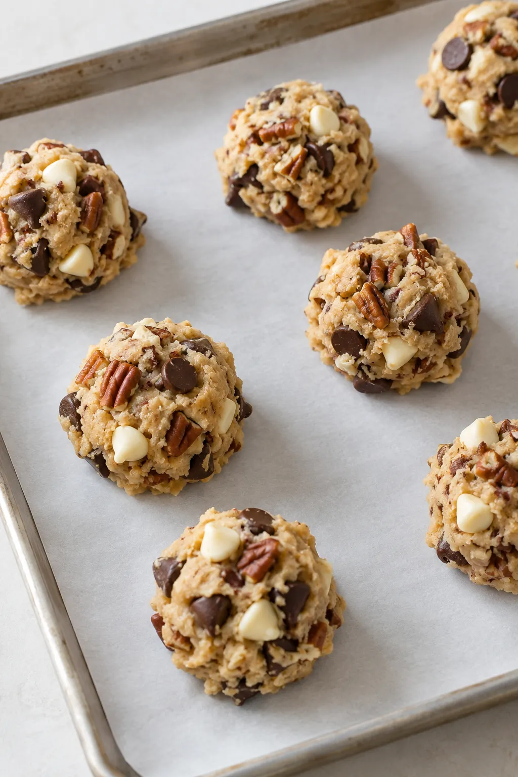 Scoops of chocolate chip pecan cookie dough on a parchment-lined baking sheet