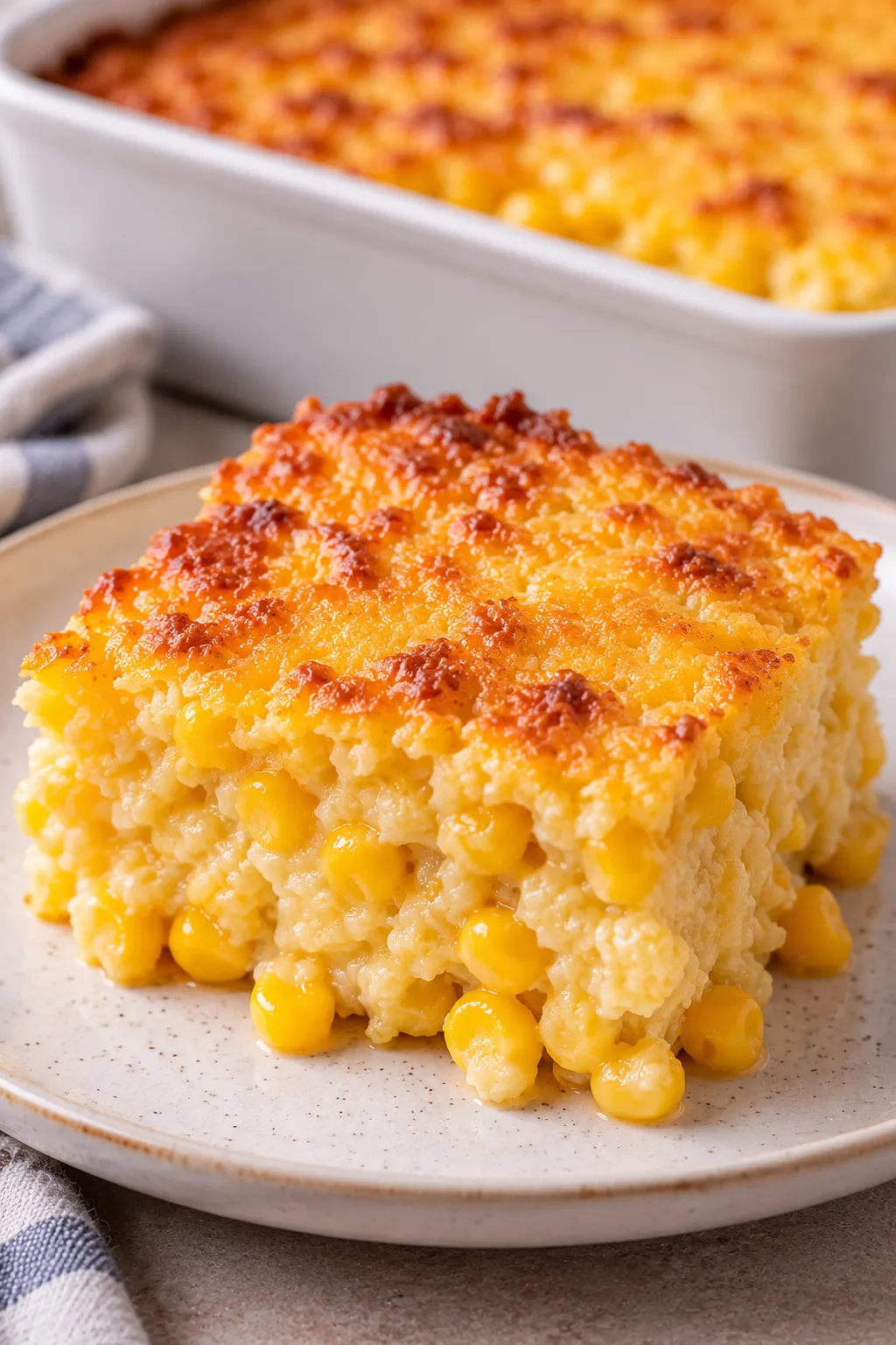 A serving of creamy corn casserole on a plate