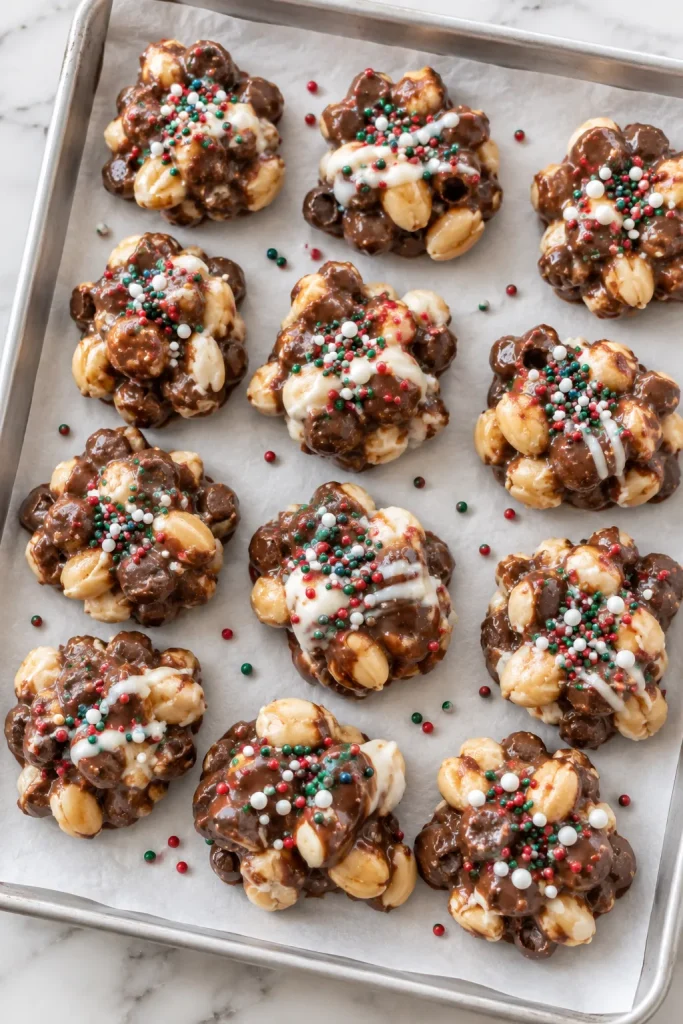 Finished Crockpot Christmas Crack candy clusters cooling on a parchment-lined baking sheet