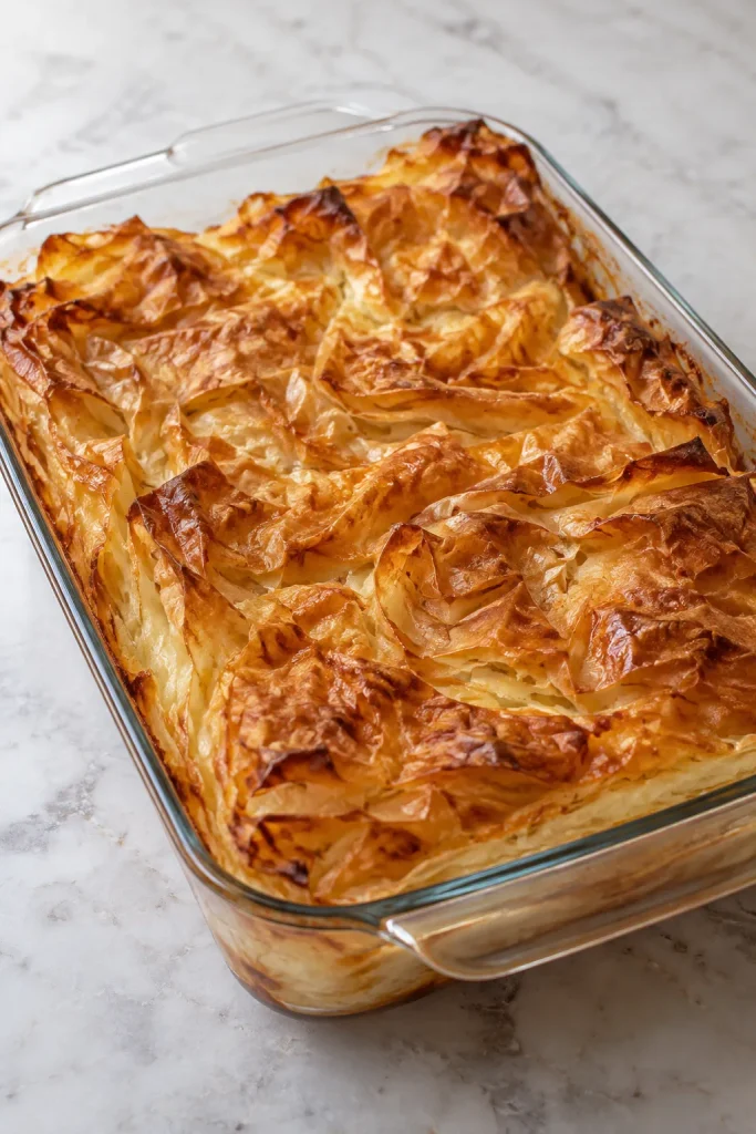 Golden crinkle cake with crisp ruffled phyllo layers