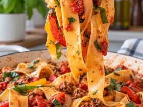 Easy Italian Drunken Noodles with wide pasta, sausage, peppers, tomatoes, and herbs