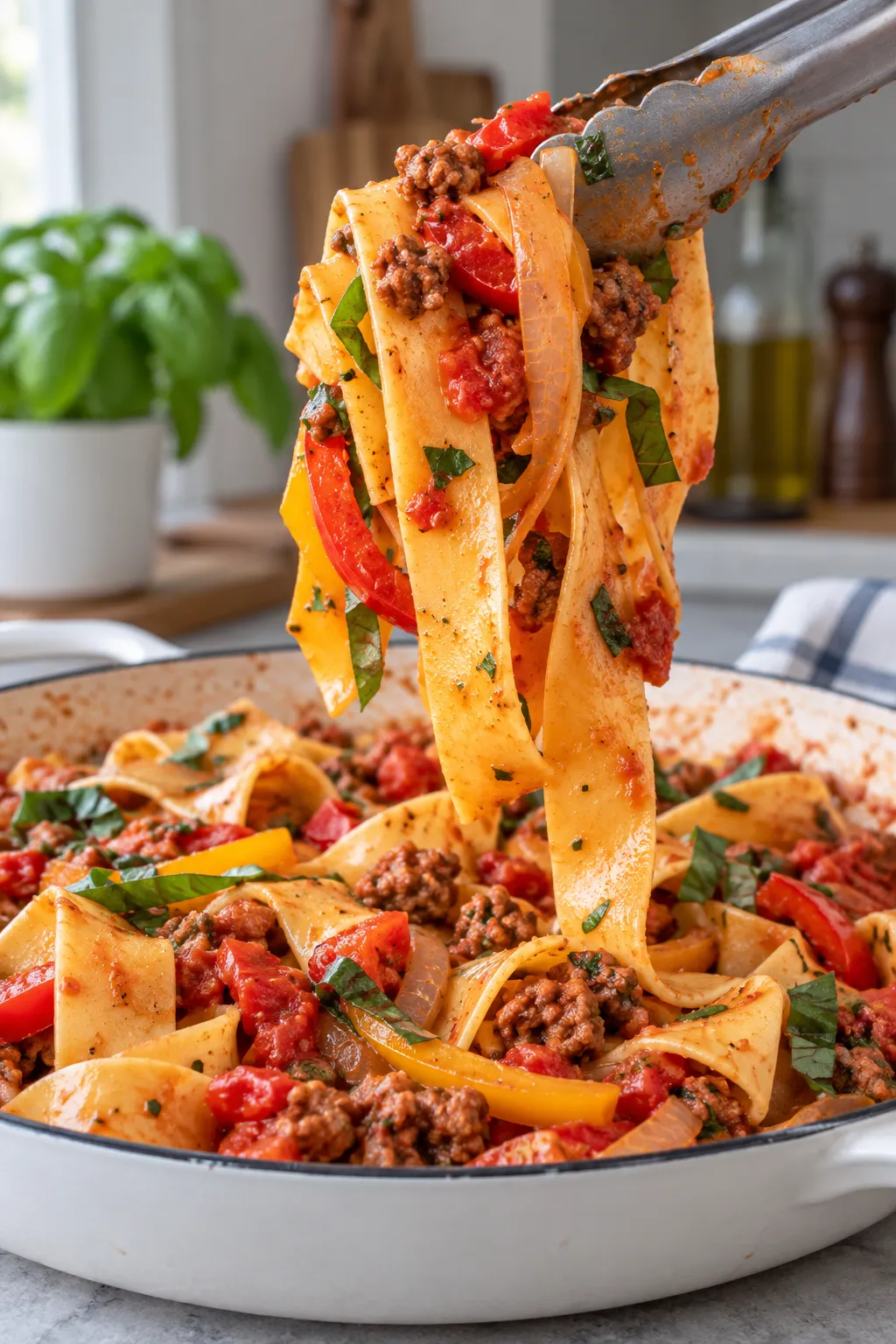 Easy Italian Drunken Noodles with wide pasta, sausage, peppers, tomatoes, and herbs