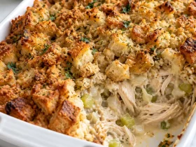 Rotisserie chicken and stuffing casserole with golden stuffing and creamy chicken filling