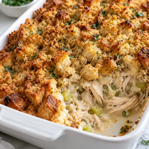 Rotisserie chicken and stuffing casserole with golden stuffing and creamy chicken filling