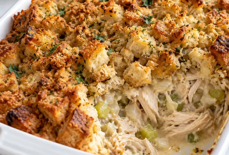Rotisserie chicken and stuffing casserole with golden stuffing and creamy chicken filling