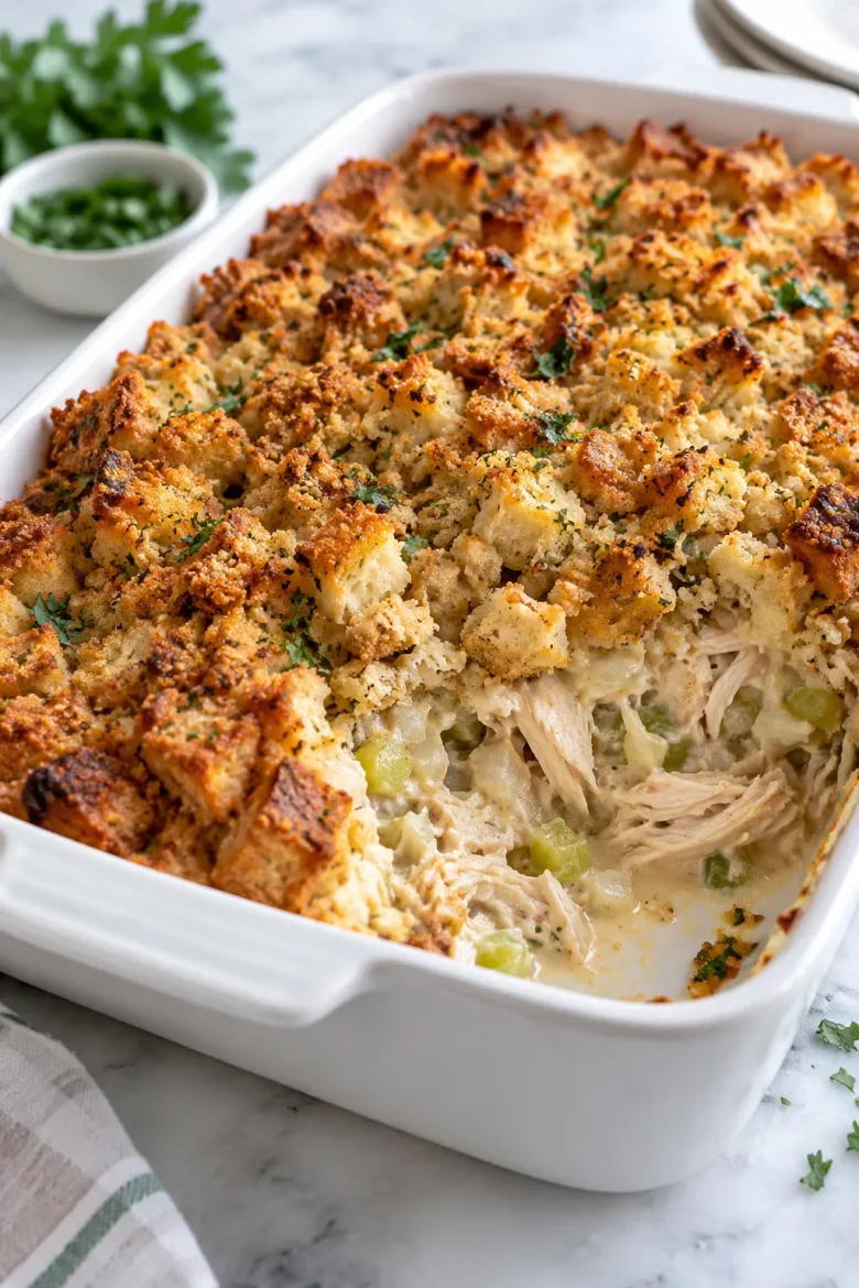 Rotisserie chicken and stuffing casserole with golden stuffing and creamy chicken filling