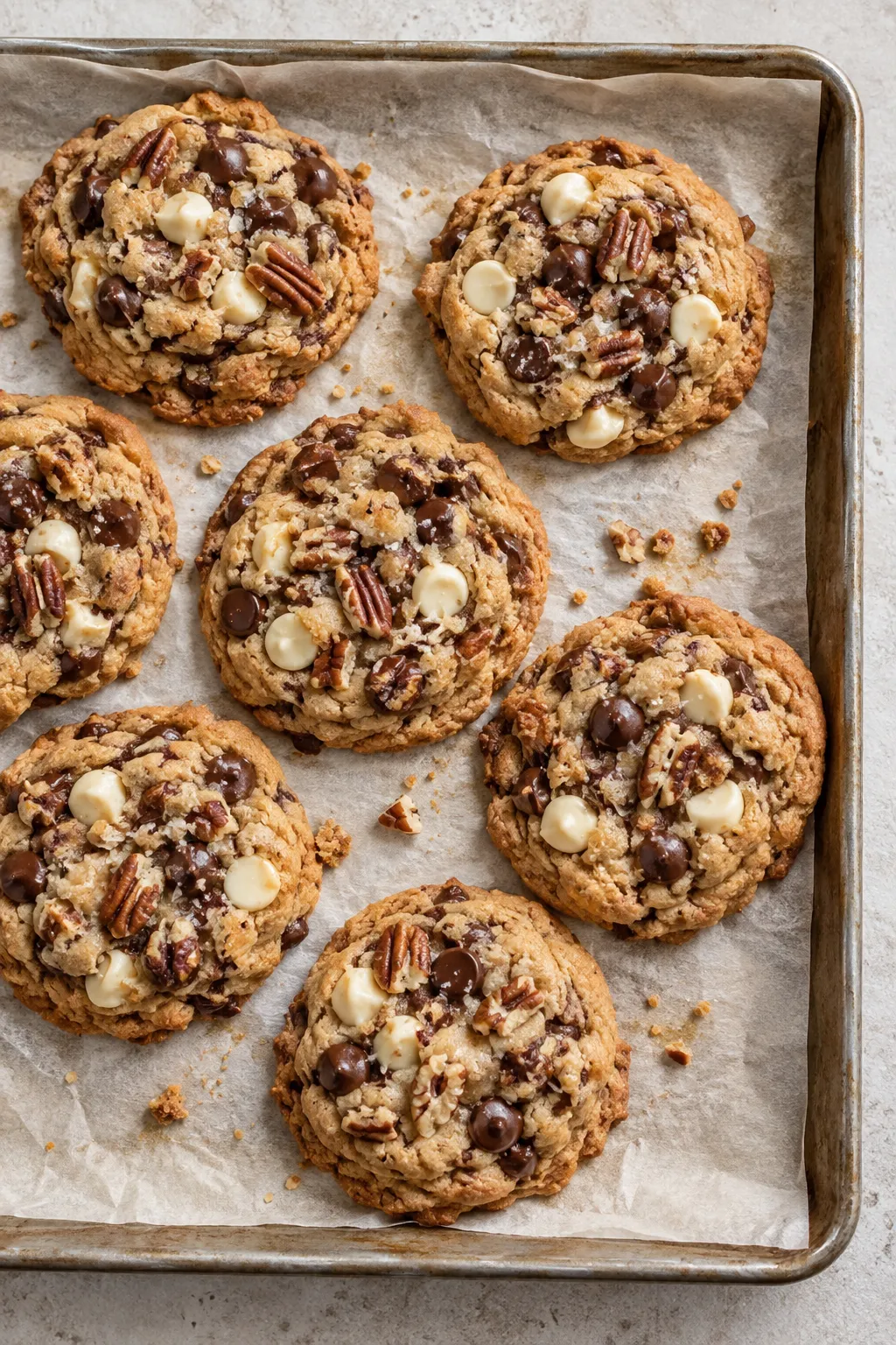 Baked chocolate chip pecan cookies on a parchment-lined sheet pan