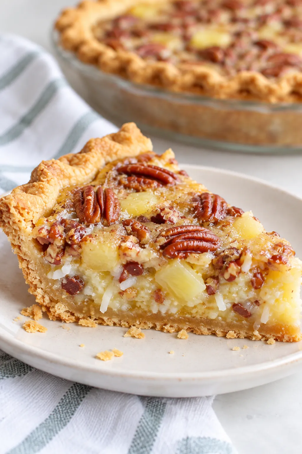 Island Pecan Pie showing pineapple, coconut and chopped pecans