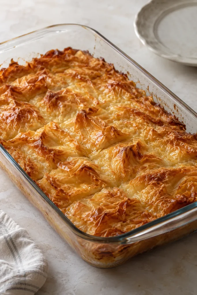 Freshly baked crinkle cake cooling in a glass baking dish