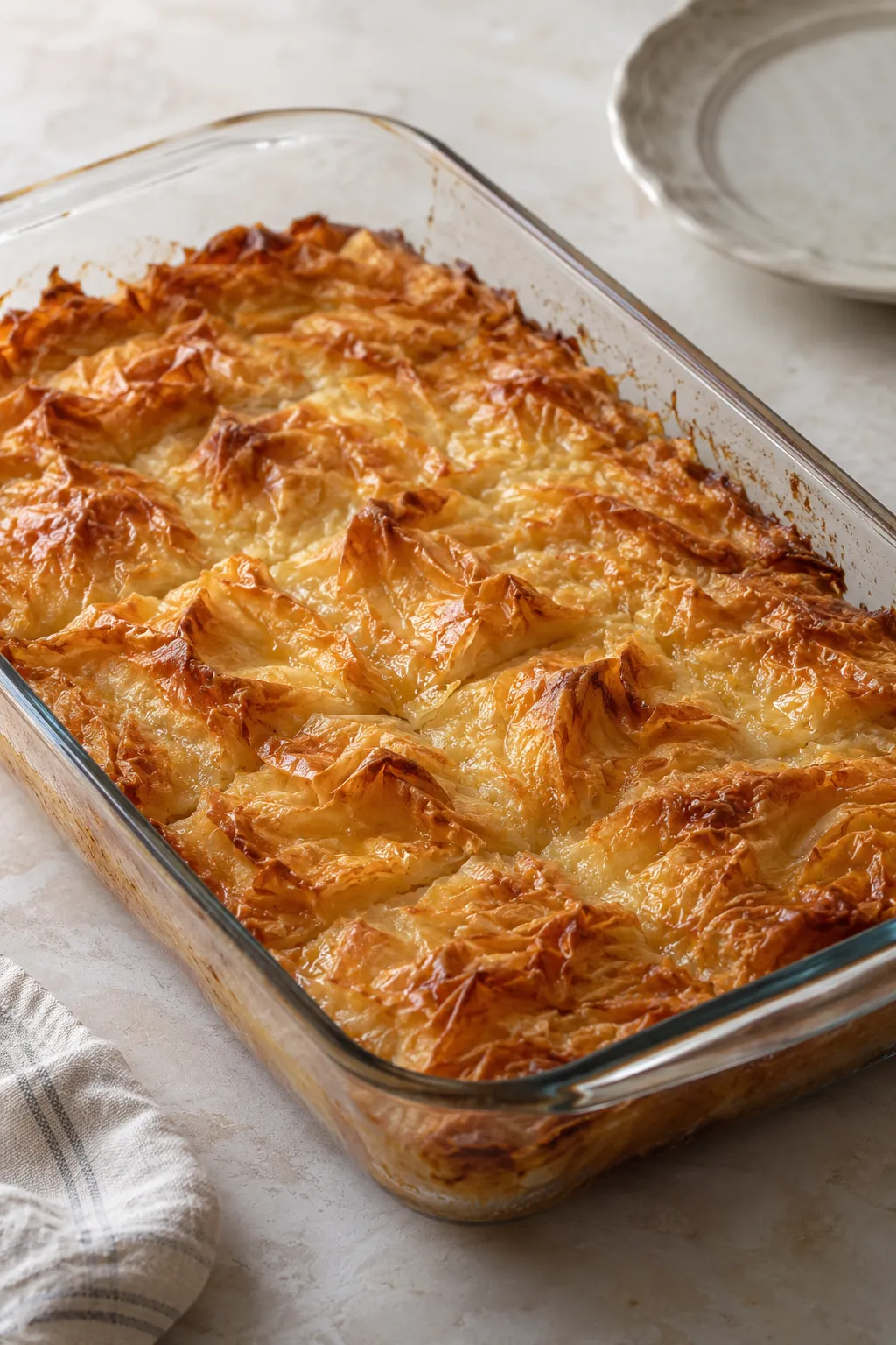 Freshly baked crinkle cake cooling in a glass baking dish