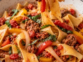 Italian Drunken Noodles with pappardelle, Italian sausage, bell peppers, tomatoes, and herbs