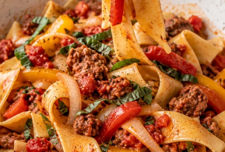 Italian Drunken Noodles with pappardelle, sausage, bell peppers, and tomato sauce