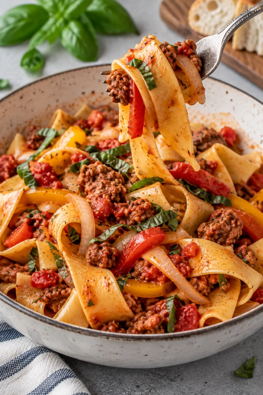 Italian Drunken Noodles with pappardelle, Italian sausage, bell peppers, tomatoes, and herbs