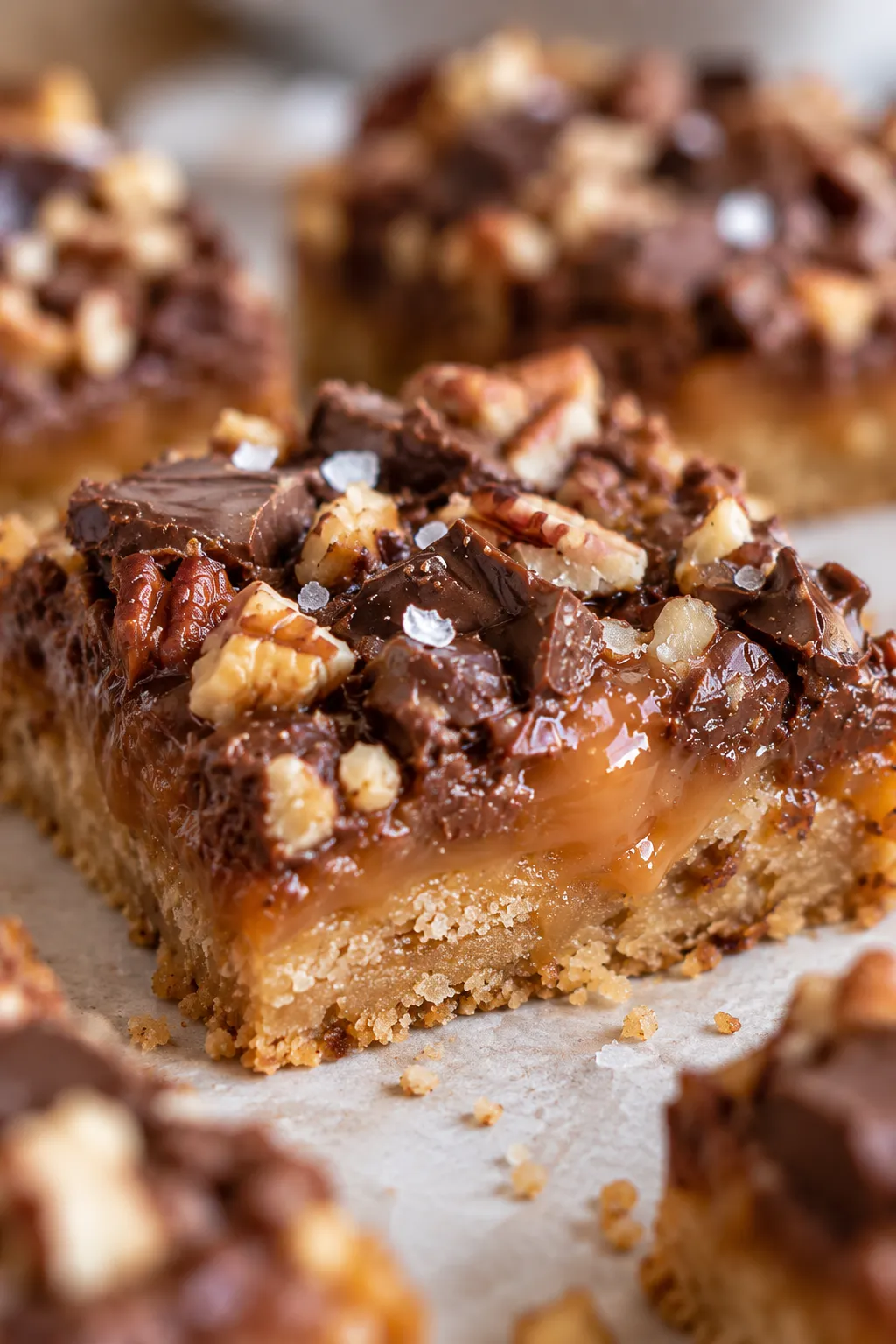 Homemade chocolate caramel dessert bars cooling on parchment paper