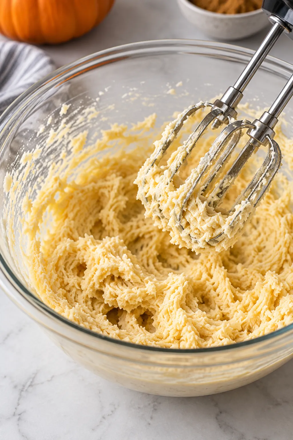 Butter and sugar mixed for pumpkin bread batter