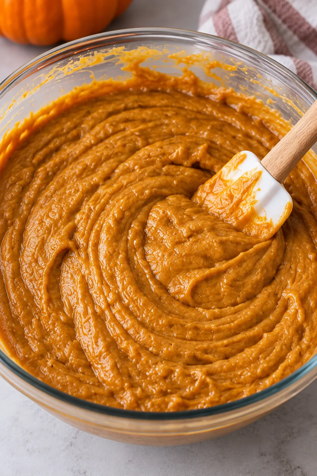 Thick pumpkin bread batter ready for the loaf pan