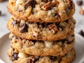 Stack of chewy chocolate chip pecan cookies with white and semi-sweet chocolate chips