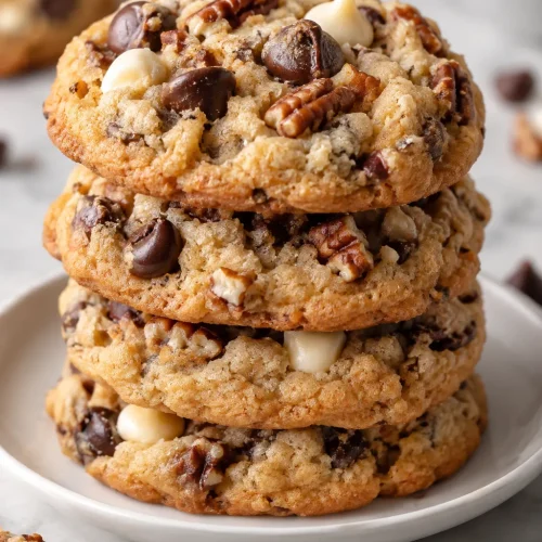Stack of chewy chocolate chip pecan cookies with white and semi-sweet chocolate chips