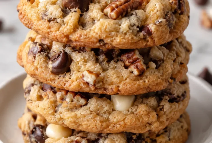 Stack of chewy chocolate chip pecan cookies with white and semi-sweet chocolate chips