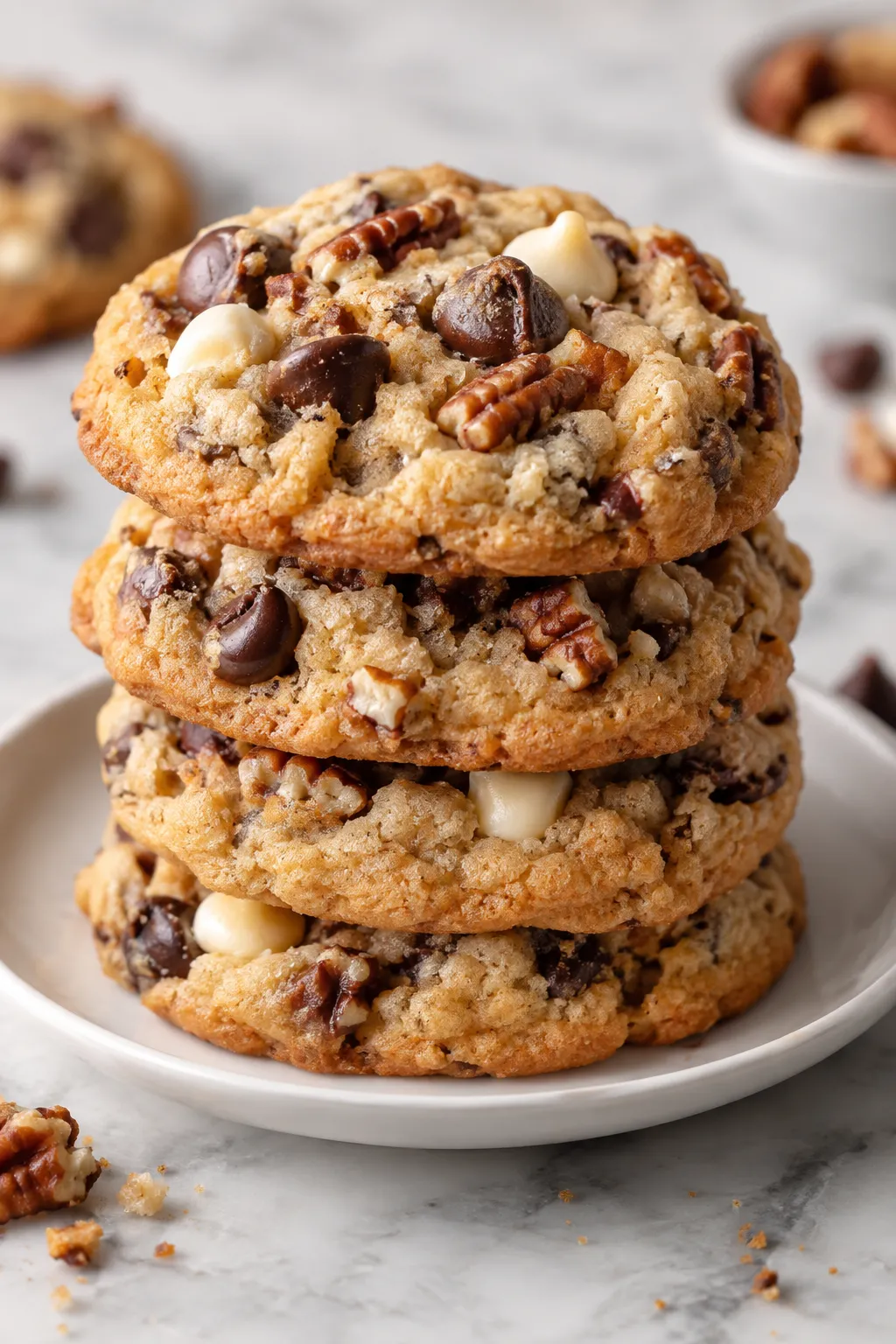 Stack of chewy chocolate chip pecan cookies with white and semi-sweet chocolate chips